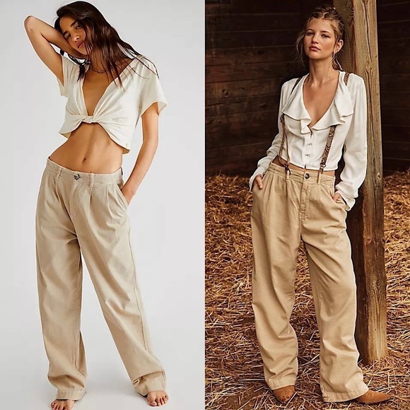 FREE PEOPLE 90s Slouchy Pleated Straight Wide Leg Relaxed Fit Khaki Chino Pant 4 - Picture 1 of 8